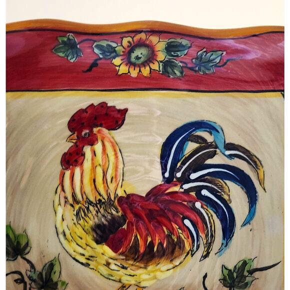 PLATTER/SERVING DISH-GALLO-Ceramic-Rooster-Sunflowers-Ruffled Edge-Decor-11"x11" - Picture 5 of 13